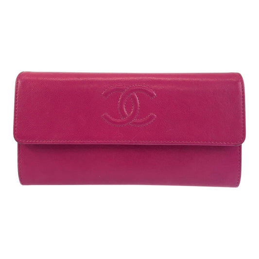 CHANEL Long Wallet Purse leather Pink Gold Metal Long Wallet Purse COCO Mark Women Used Authentic