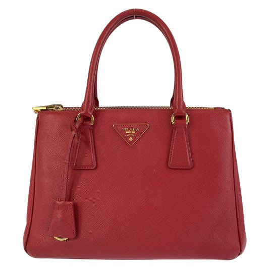 PRADA Handbag leather Red Gold Metal Handbag Tote Bag Safiano Galleria Women Used Authentic