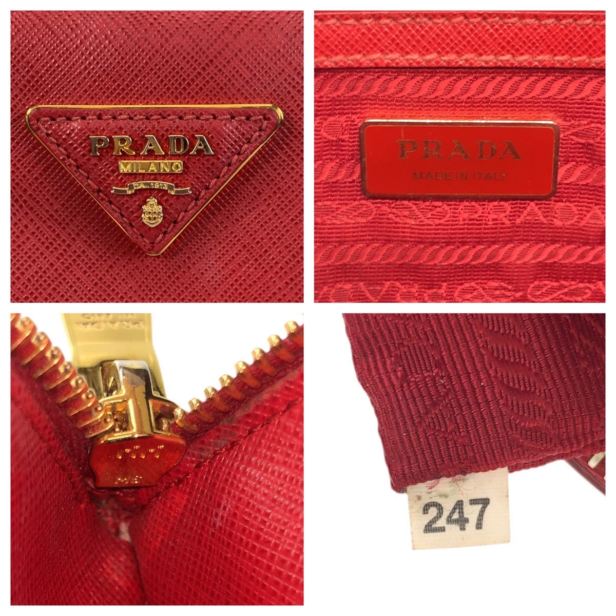PRADA Handbag leather Red Gold Metal Handbag Tote Bag Safiano Galleria Women Used Authentic