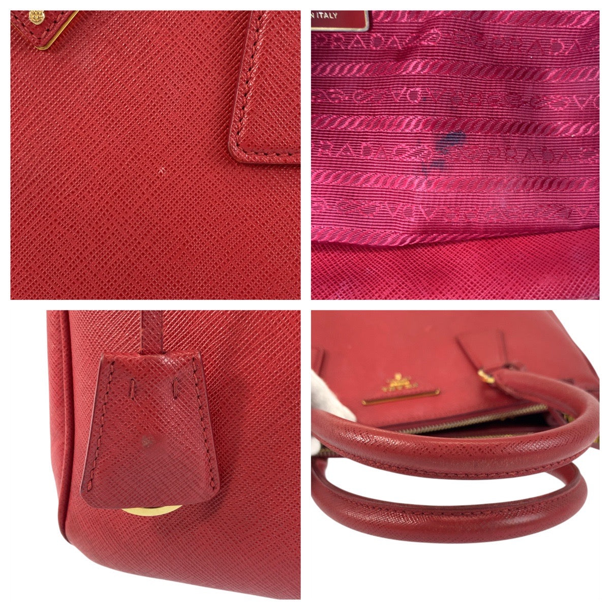 PRADA Handbag leather Red Gold Metal Handbag Tote Bag Safiano Galleria Women Used Authentic