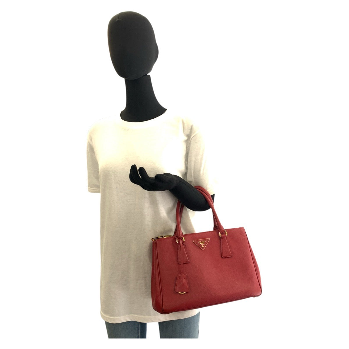 PRADA Handbag leather Red Gold Metal Handbag Tote Bag Safiano Galleria Women Used Authentic