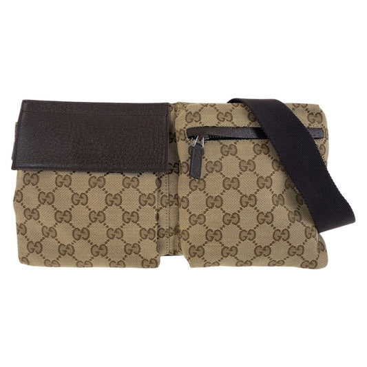 GUCCI Sling bag 28566 GG canvas, leather Beige Brown SilverMetal Sling bag waist pouch unisex mens Used Authentic