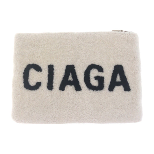 BALENCIAGA Clutch bag 492681 Mouton White SilverMetal Clutch bag unisex Shearing logo mens Used Authentic