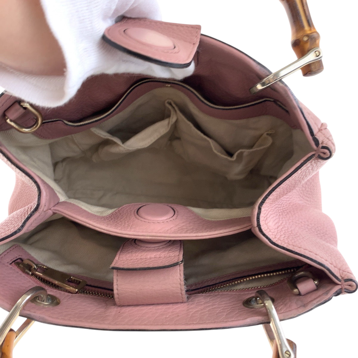 GUCCI Handbag 336082 leather Pink Brown SilverMetal Handbag Tote Bag Bamboo Women Used Authentic