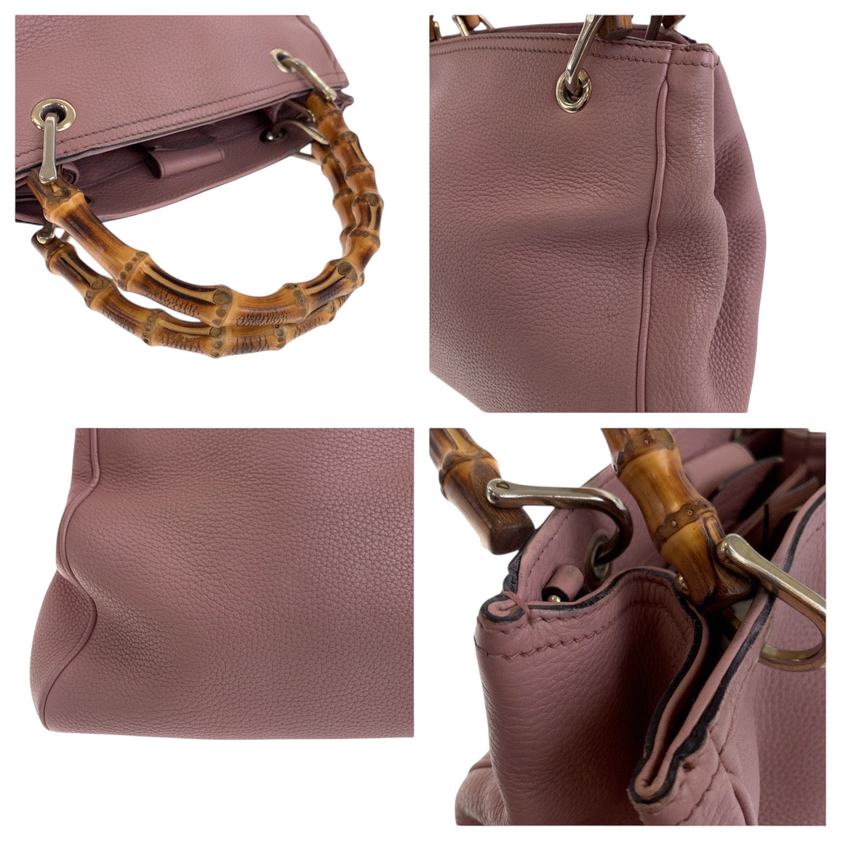 GUCCI Handbag 336082 leather Pink Brown SilverMetal Handbag Tote Bag Bamboo Women Used Authentic