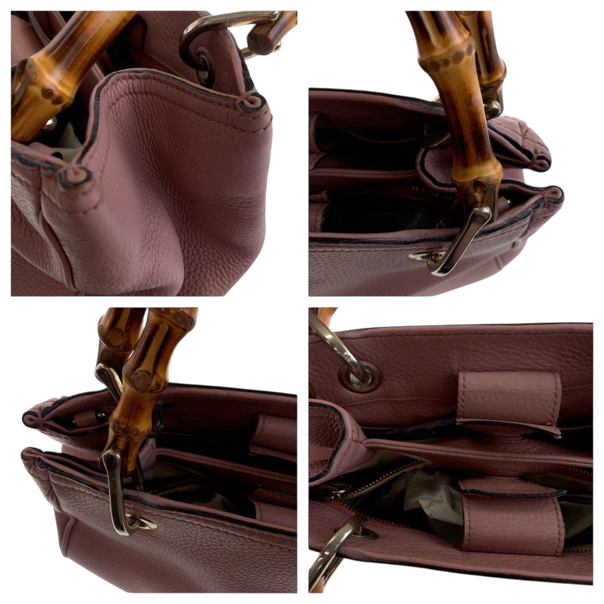 GUCCI Handbag 336082 leather Pink Brown SilverMetal Handbag Tote Bag Bamboo Women Used Authentic