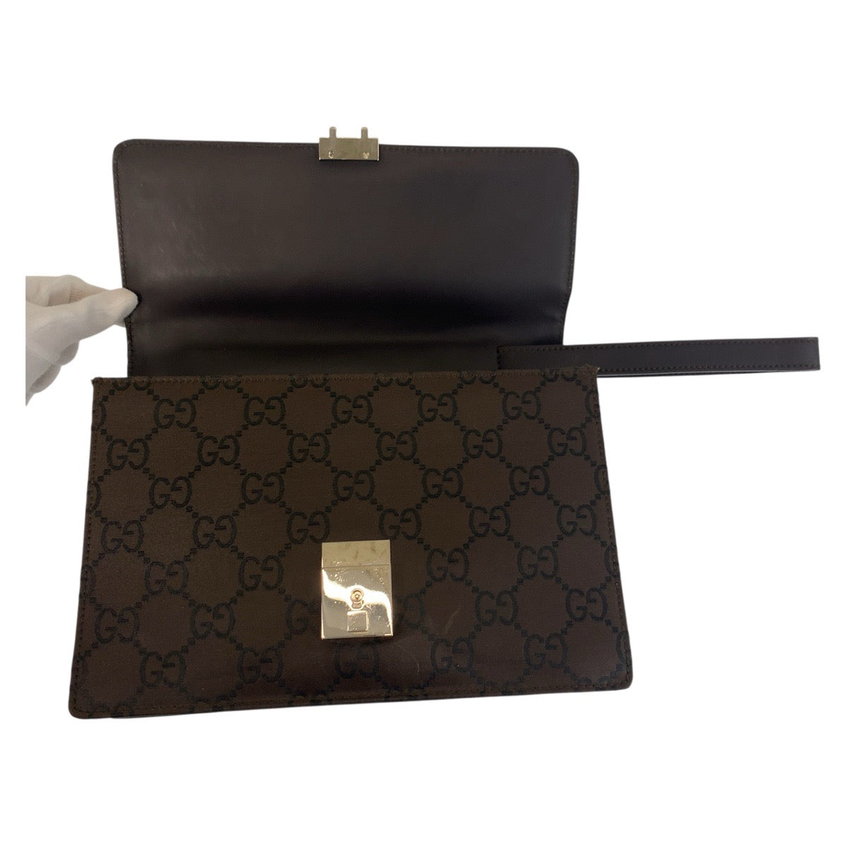 GUCCI Clutch bag 018 1600 Nylon Brown Silver Metal Clutch bag business bag GG pattern mens Used Authentic