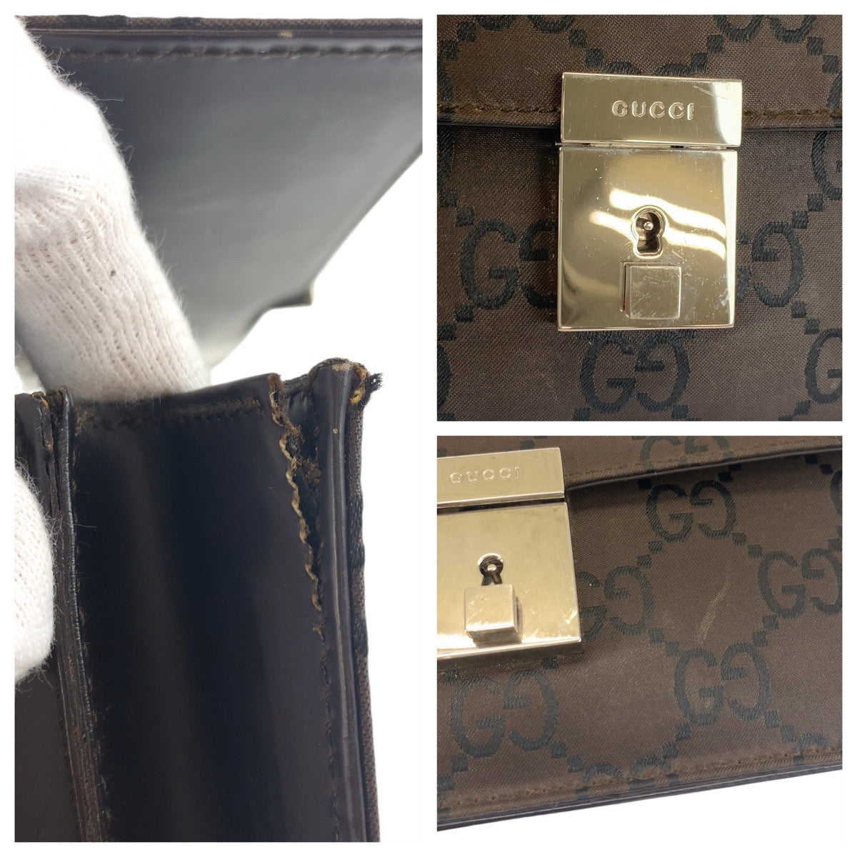 GUCCI Clutch bag 018 1600 Nylon Brown Silver Metal Clutch bag business bag GG pattern mens Used Authentic