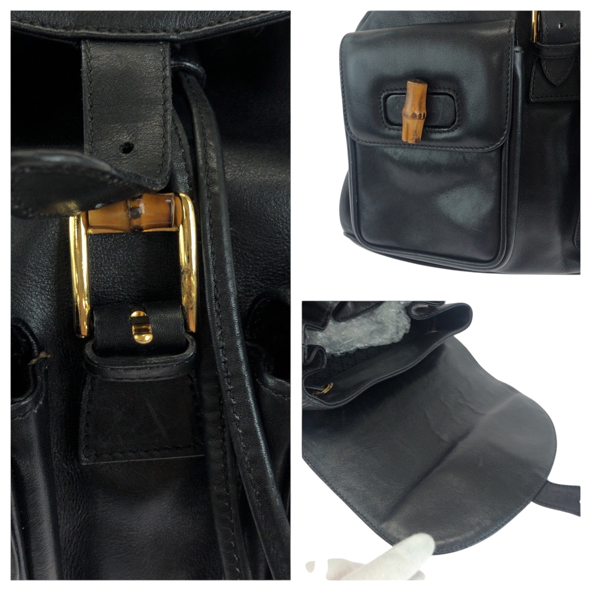 GUCCI Backpack 003 1119 0016 leather Black GoldMetal Backpack Backpack Bamboo Women Used Authentic
