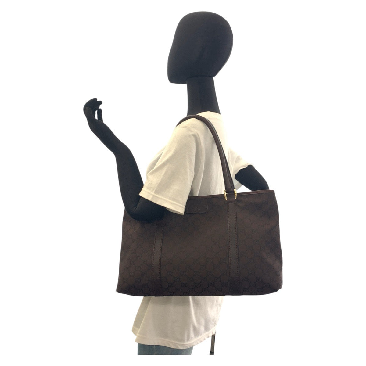 GUCCI Tote Bag 257302 Nylon Brown Gold Metal Tote Bag Shoulder Bag GG pattern Women Used Authentic