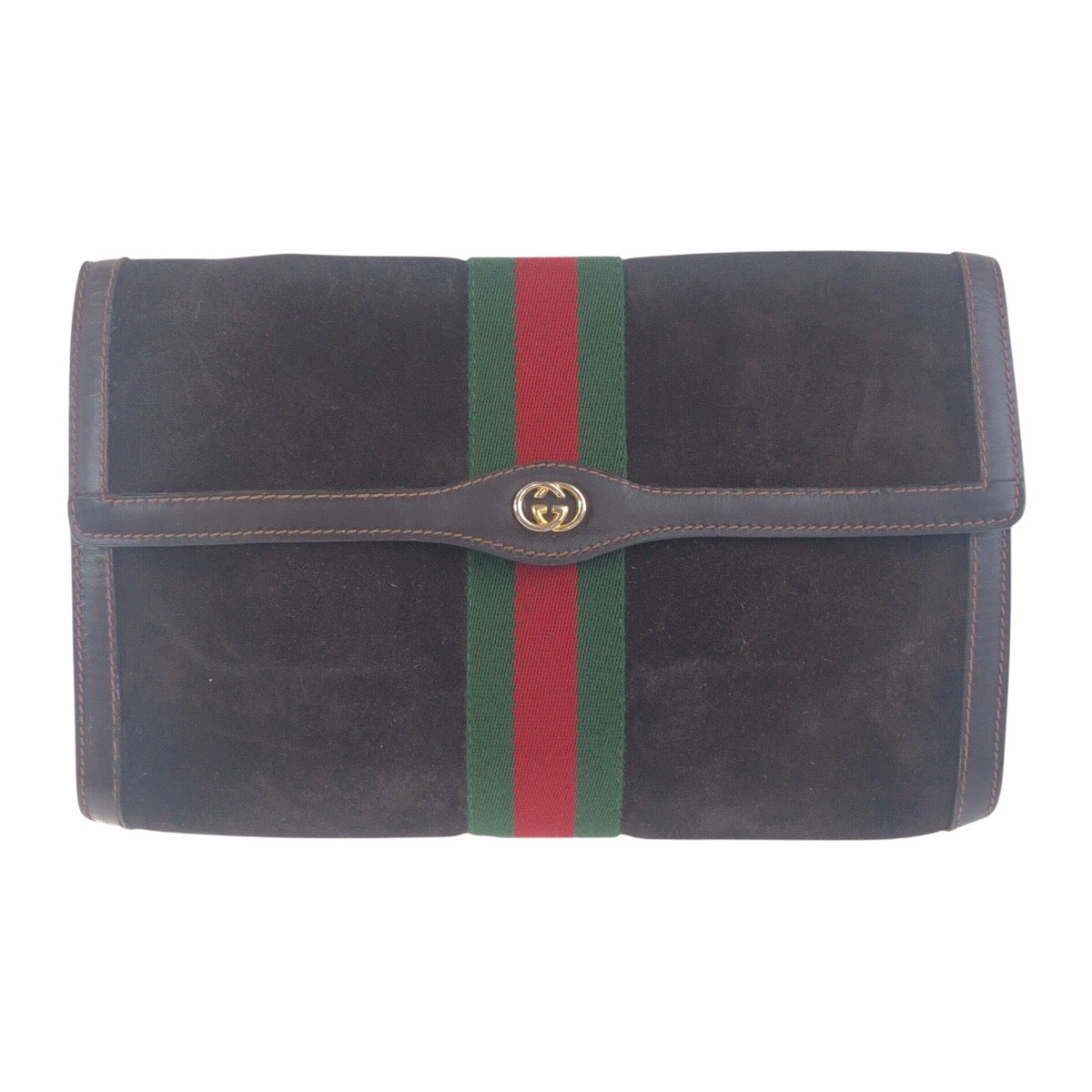 GUCCI Clutch bag Suede, Leather Brown Gold Metal Clutch bag business bag Old Gucci Shelly Line mens Used Authentic