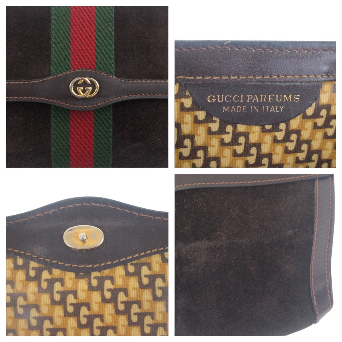 GUCCI Clutch bag Suede, Leather Brown Gold Metal Clutch bag business bag Old Gucci Shelly Line mens Used Authentic