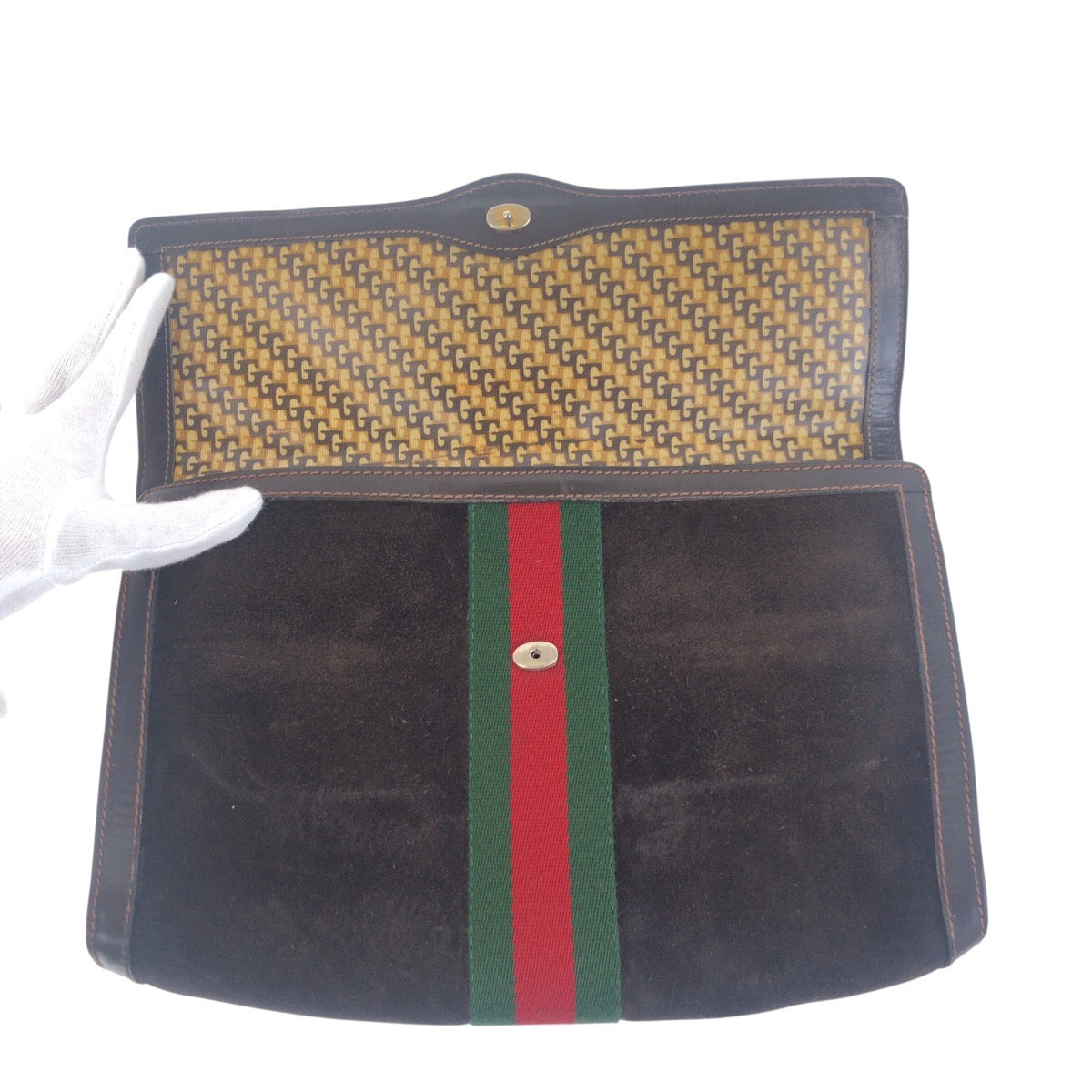 GUCCI Clutch bag Suede, Leather Brown Gold Metal Clutch bag business bag Old Gucci Shelly Line mens Used Authentic