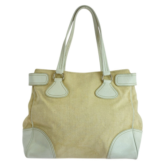 PRADA Tote Bag Canvas, Leather White Ivory Tote Bag Shoulder Bag Triangle With logo Women Used Authentic