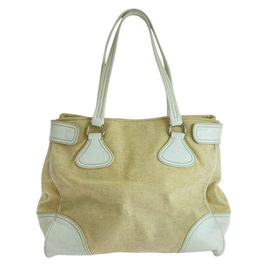 PRADA Tote Bag Canvas, Leather White Ivory Tote Bag Shoulder Bag Triangle With logo Women Used Authentic