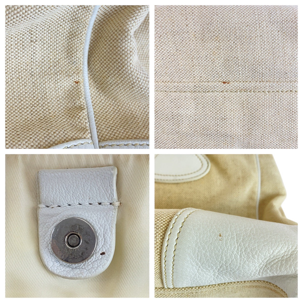 PRADA Tote Bag Canvas, Leather White Ivory Tote Bag Shoulder Bag Triangle With logo Women Used Authentic
