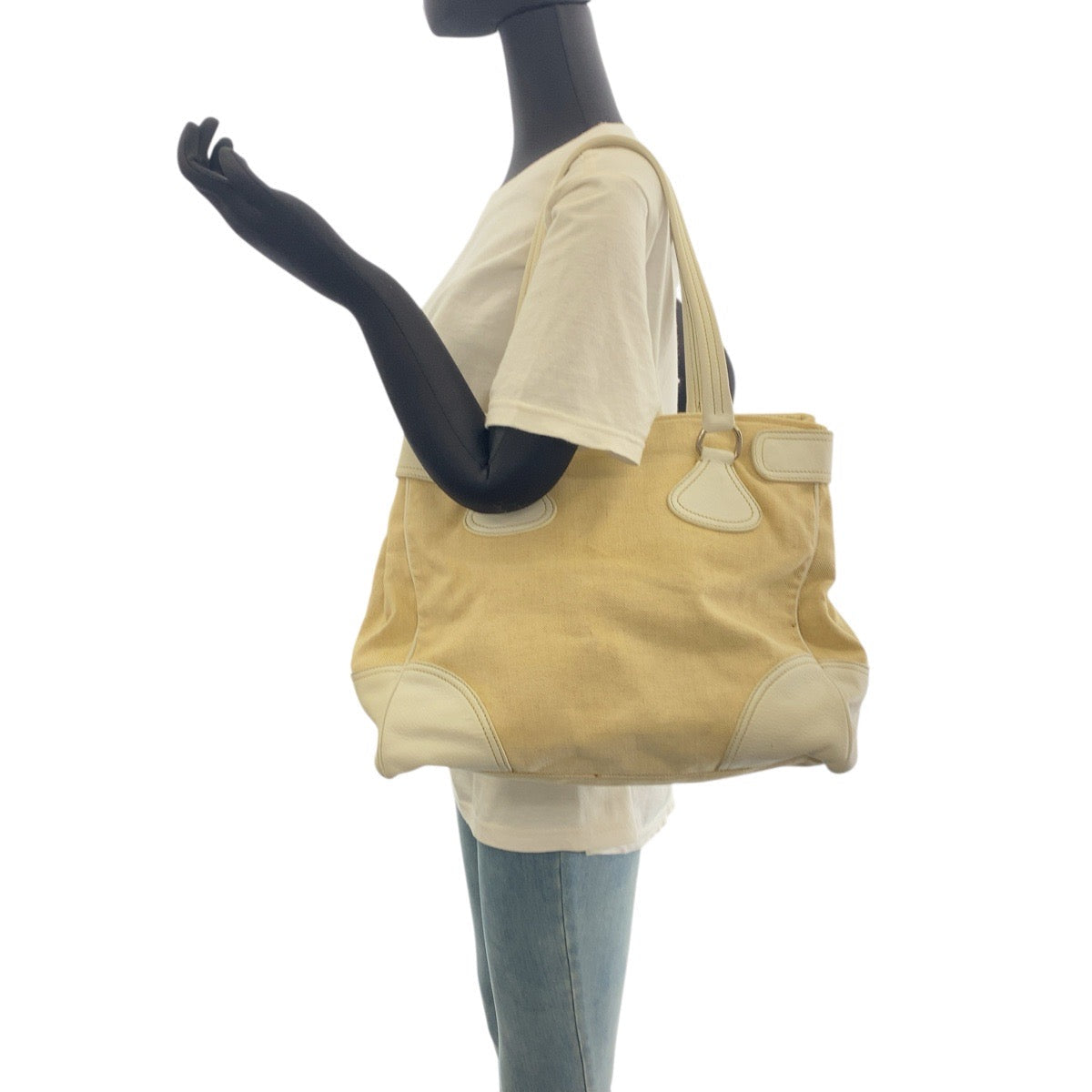PRADA Tote Bag Canvas, Leather White Ivory Tote Bag Shoulder Bag Triangle With logo Women Used Authentic