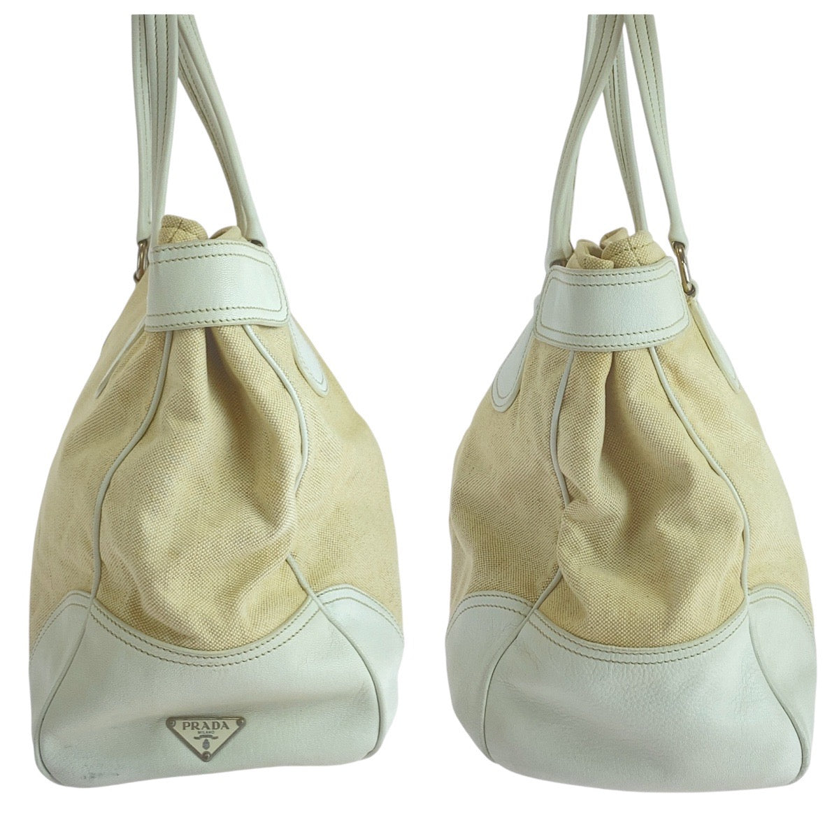 PRADA Tote Bag Canvas, Leather White Ivory Tote Bag Shoulder Bag Triangle With logo Women Used Authentic