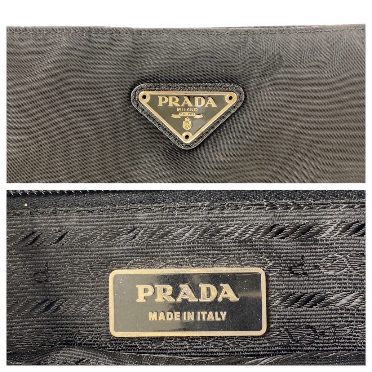 PRADA Shoulder Bag Nylon, Leather Black SilverMetal Shoulder Bag pochette Testo Saffiano Triangle With logo Women Used Authentic