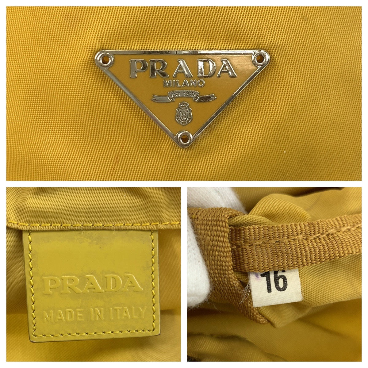 PRADA Pouch Nylon Yellow SilverMetal Pouch Drawstring pouch Test Triangle With logo Women Used Authentic