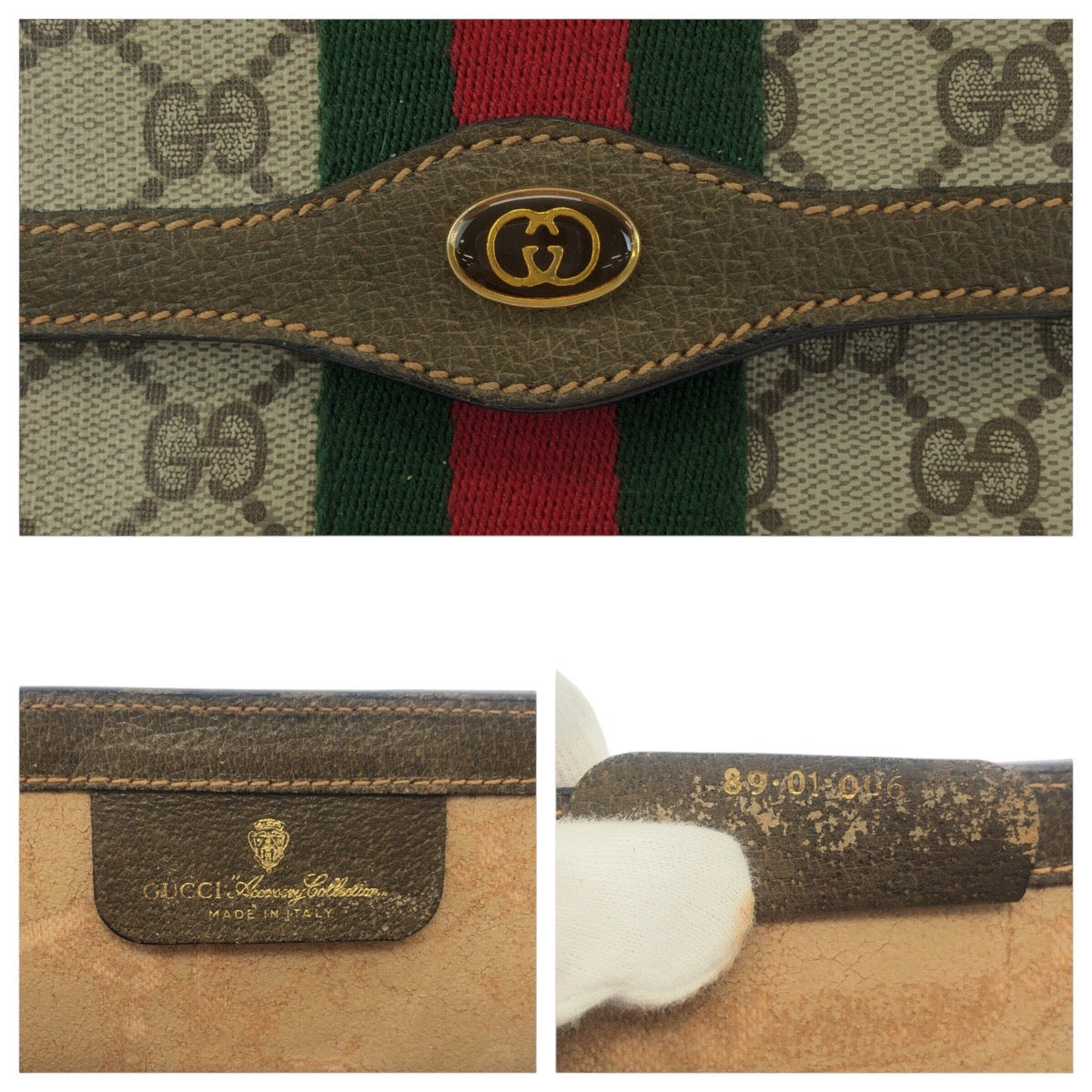 GUCCI Clutch bag 89 01 006 GG Supreme Canvas Beige Brown Gold Metal Old Gucci Shelly Line