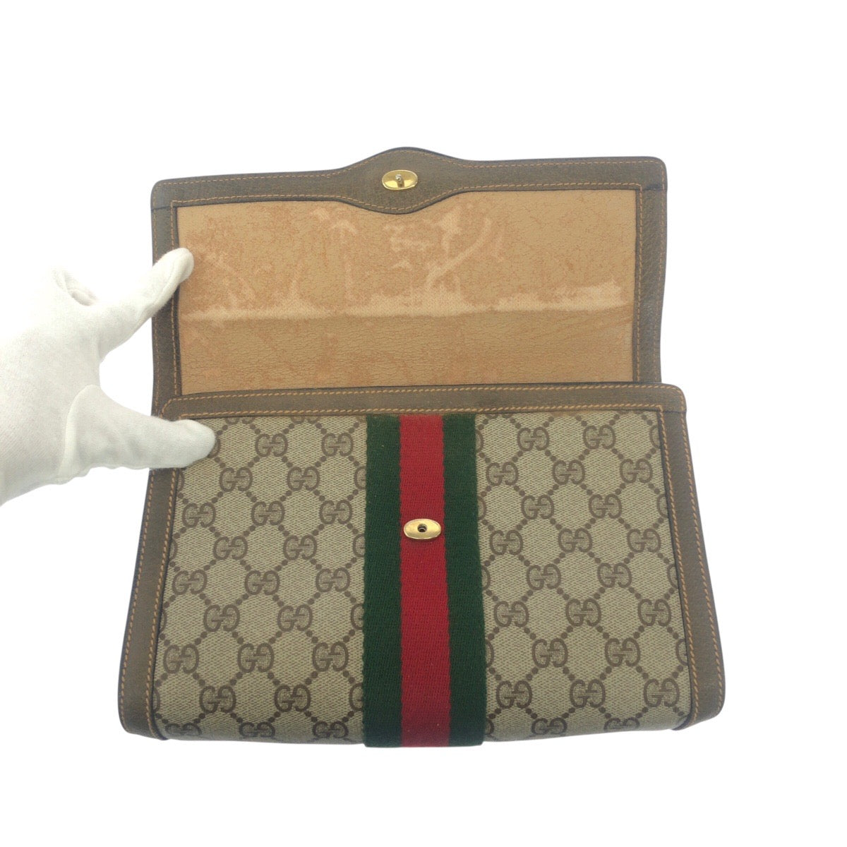 GUCCI Clutch bag 89 01 006 GG Supreme Canvas Beige Brown Gold Metal Old Gucci Shelly Line