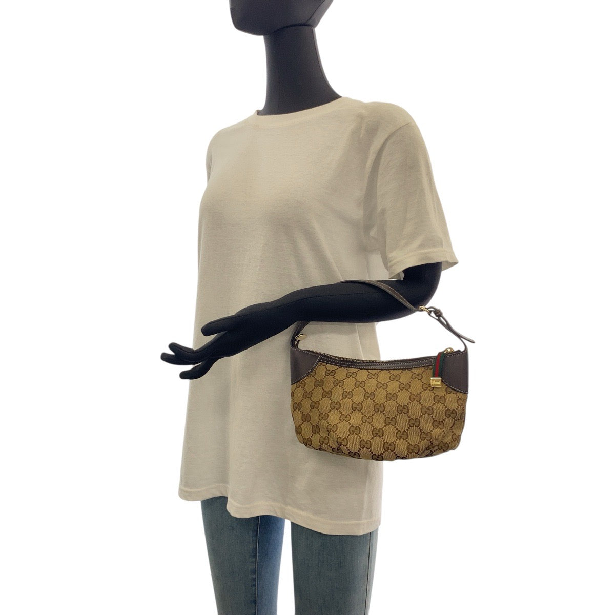 GUCCI Handbag 224098 GG canvas, leather Beige Gold Metal Handbag accessory pouch Sherry line Women Used Authentic