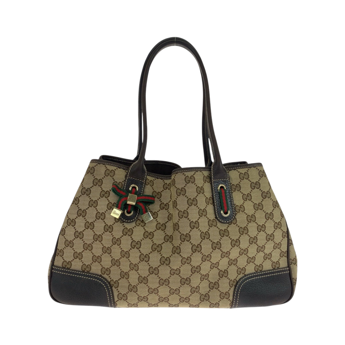 GUCCI Tote Bag 163805 GG canvas Beige Brown Gold Metal Tote Bag Shoulder Bag Sherry Line Princess ribbon Women Used Authentic