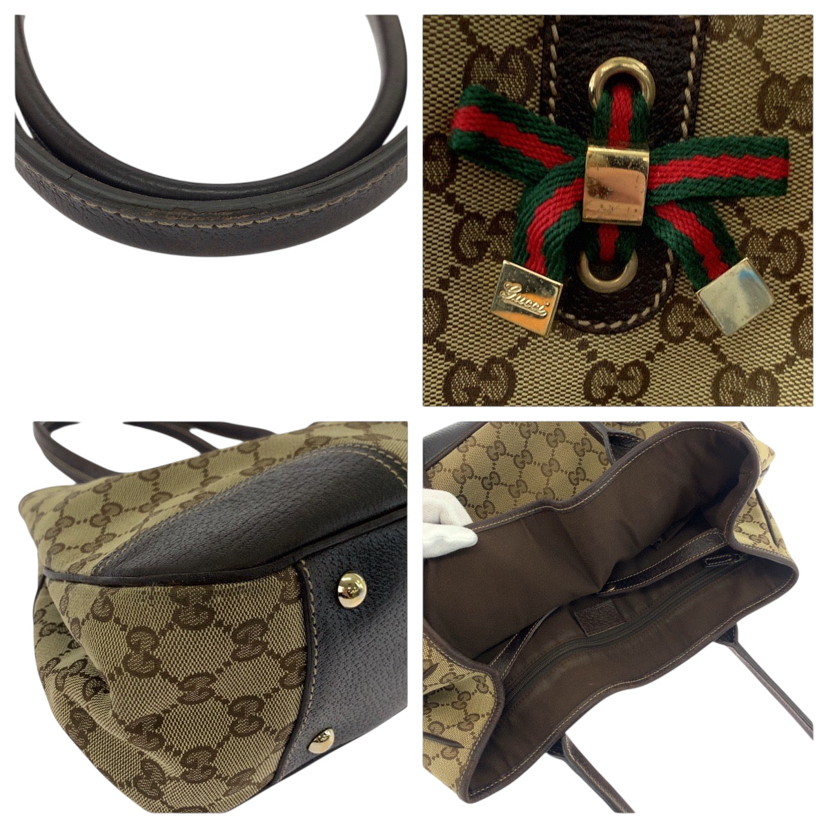 GUCCI Tote Bag 163805 GG canvas Beige Brown Gold Metal Tote Bag Shoulder Bag Sherry Line Princess ribbon Women Used Authentic