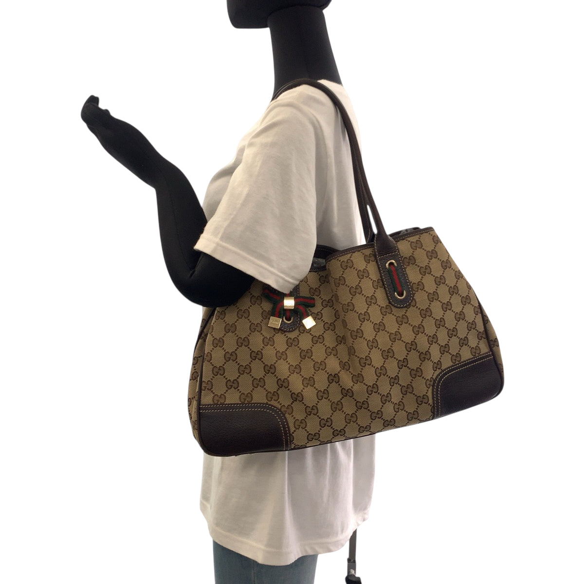 GUCCI Tote Bag 163805 GG canvas Beige Brown Gold Metal Tote Bag Shoulder Bag Sherry Line Princess ribbon Women Used Authentic
