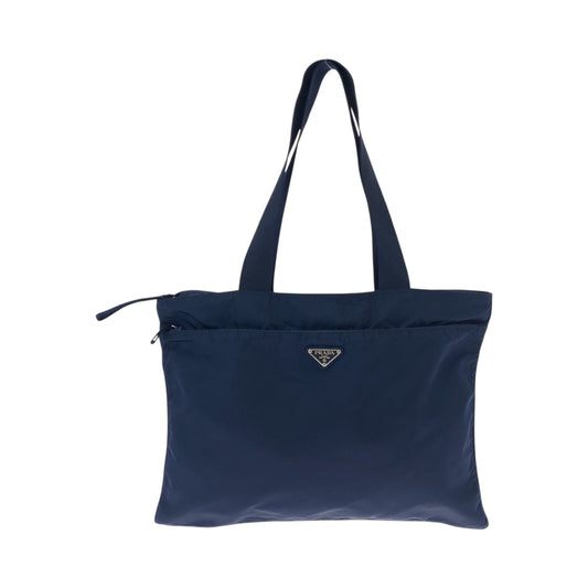 PRADA Tote Bag 31 Nylon Navy SilverMetal Tote Bag Shoulder Bag Test Triangle With logo Women Used Authentic