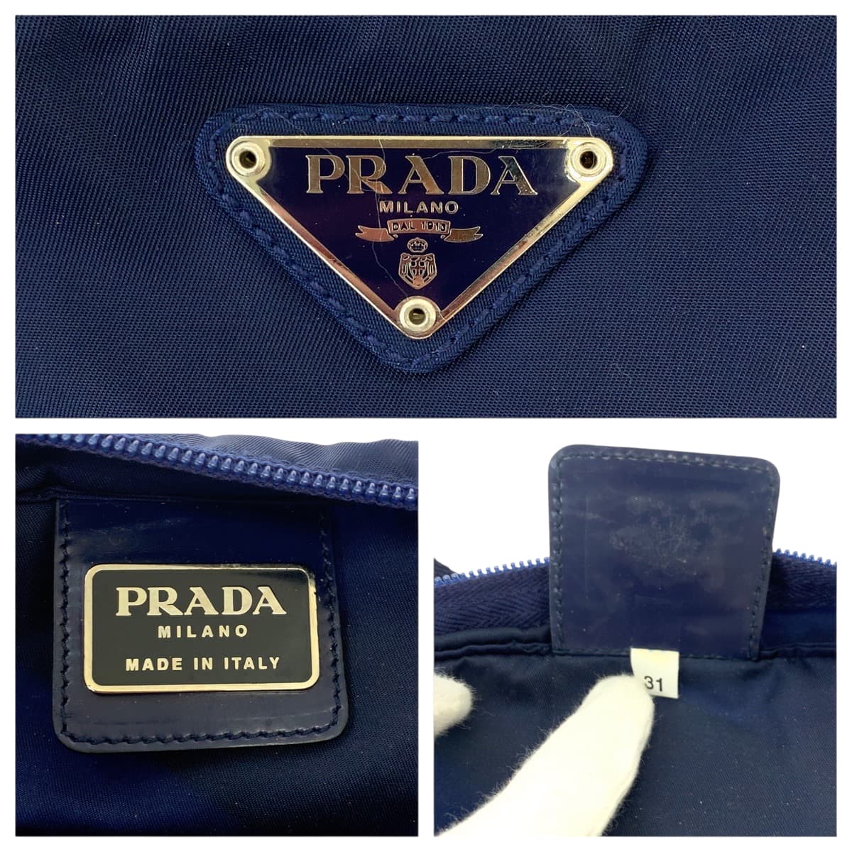 PRADA Tote Bag 31 Nylon Navy SilverMetal Tote Bag Shoulder Bag Test Triangle With logo Women Used Authentic