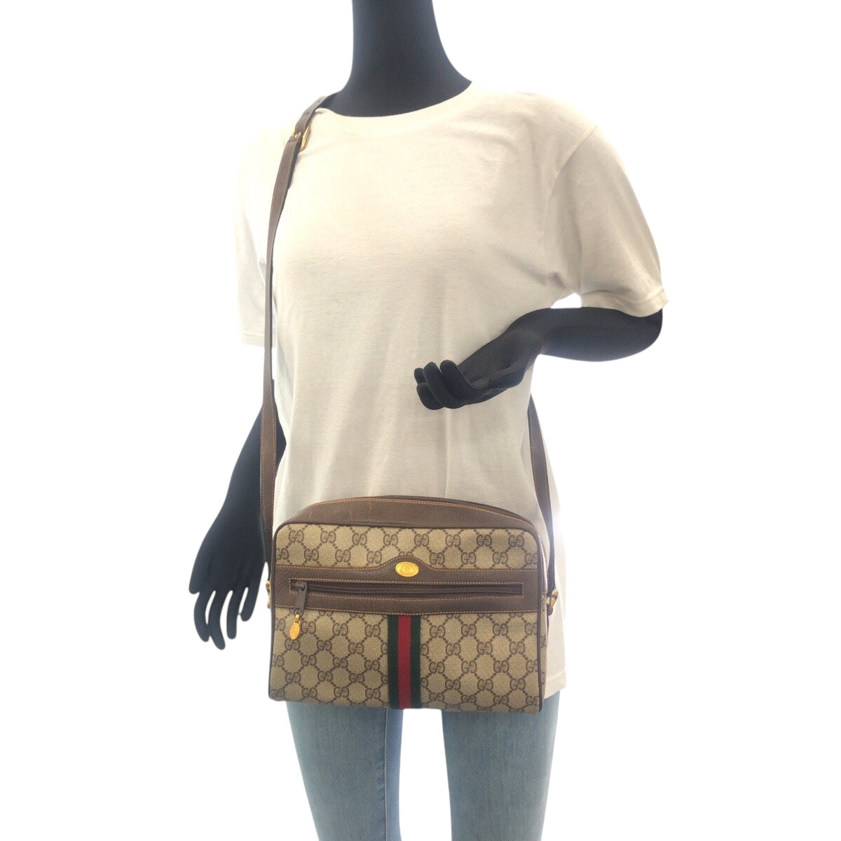 GUCCI Shoulder Bag 72 001 4071 GG Supreme canvas, leather Beige Brown Gold Metal Crossbody Shoulder Bag Old Gucci Shelly Line Women Used Authentic
