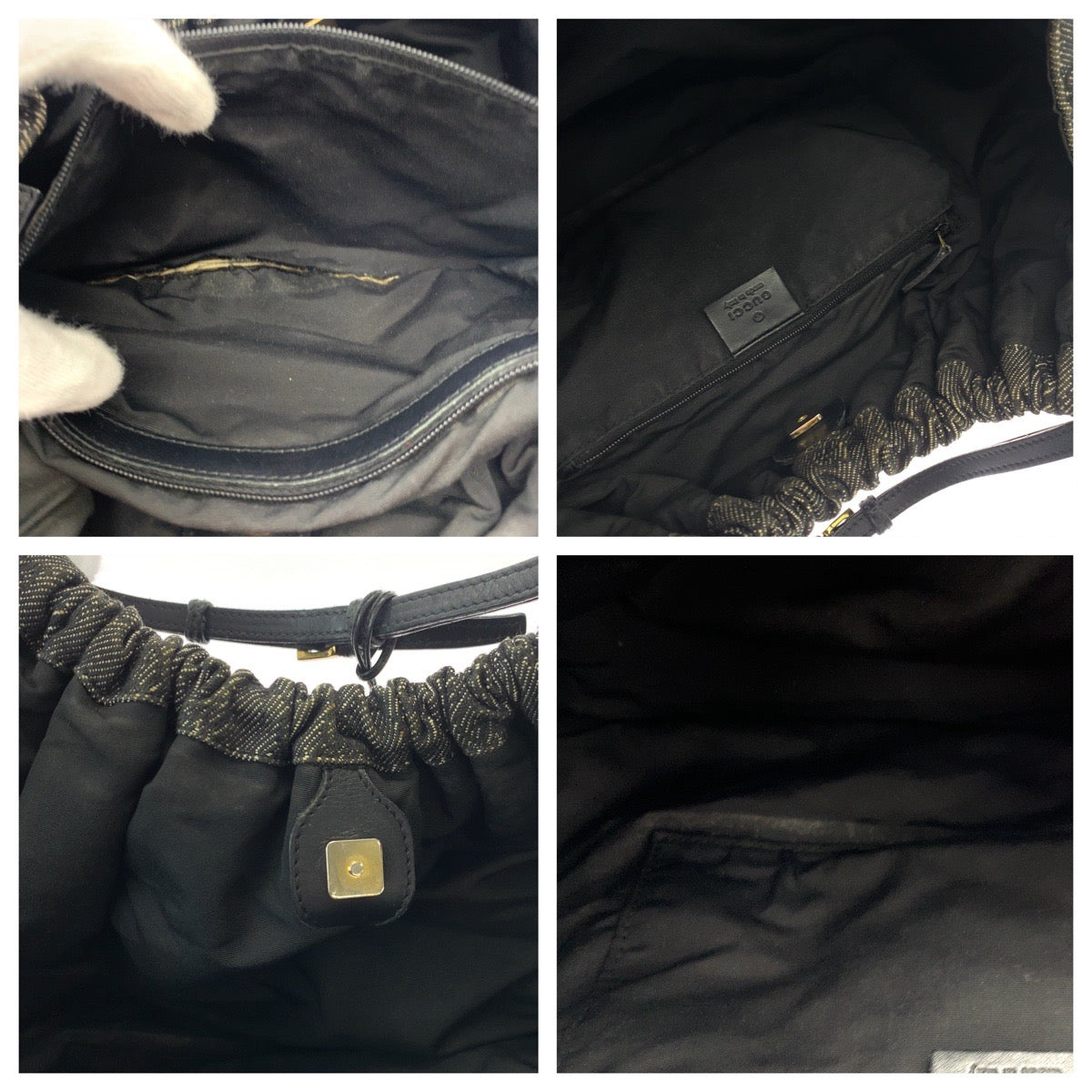 GUCCI Tote Bag 76554 canvas Grey Black Gold Metal Tote Bag handbag Women Used Authentic