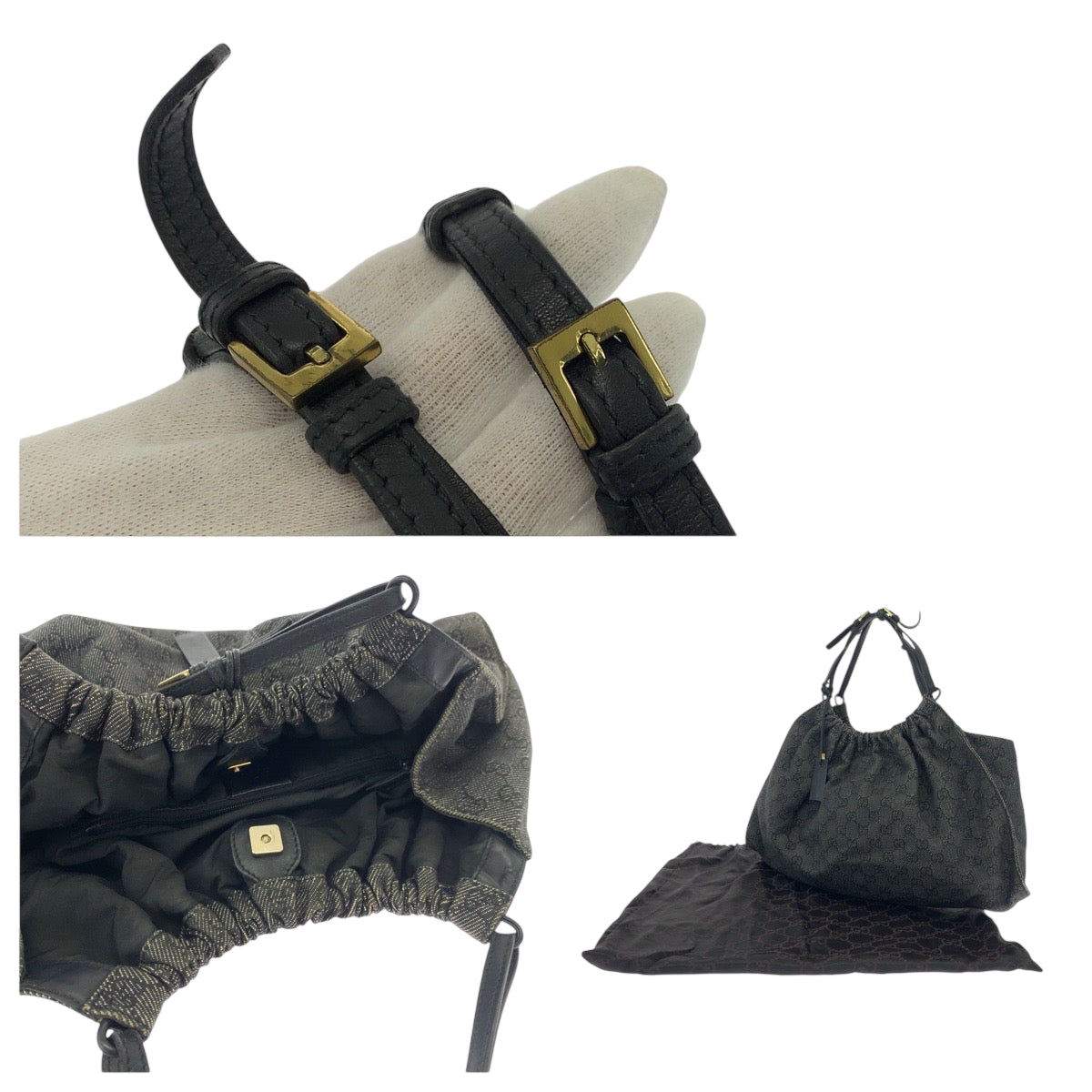 GUCCI Tote Bag 76554 canvas Grey Black Gold Metal Tote Bag handbag Women Used Authentic