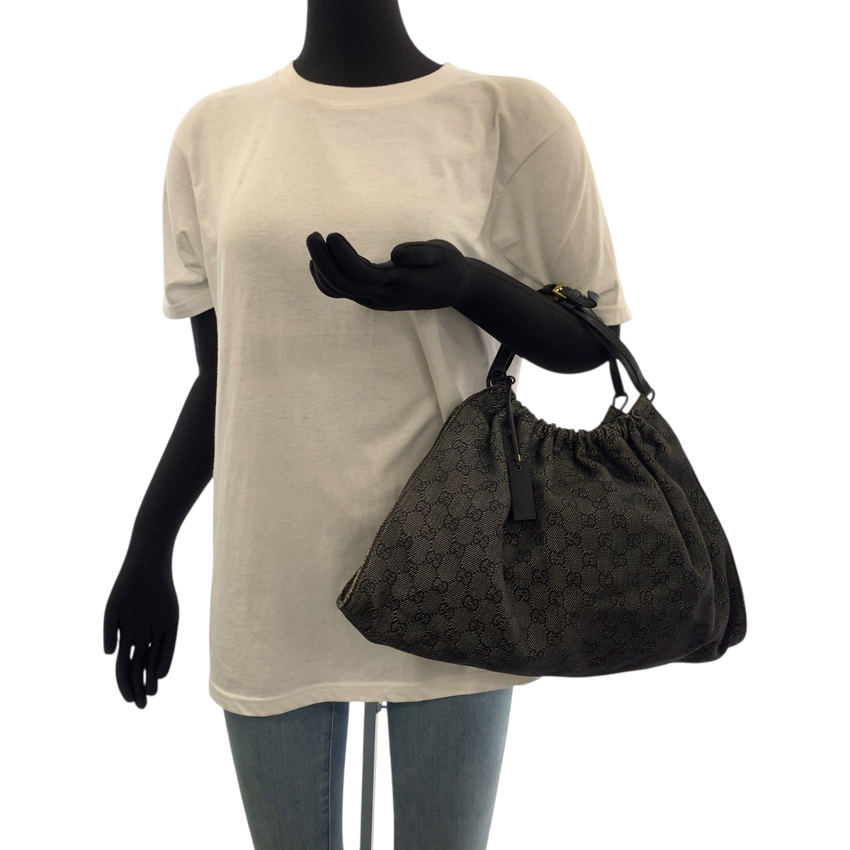 GUCCI Tote Bag 76554 canvas Grey Black Gold Metal Tote Bag handbag Women Used Authentic