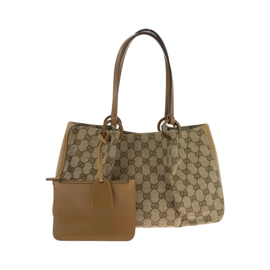 GUCCI Tote Bag 94898 GG canvas Beige Brown Gold Metal Tote Bag handbag Women Used Authentic