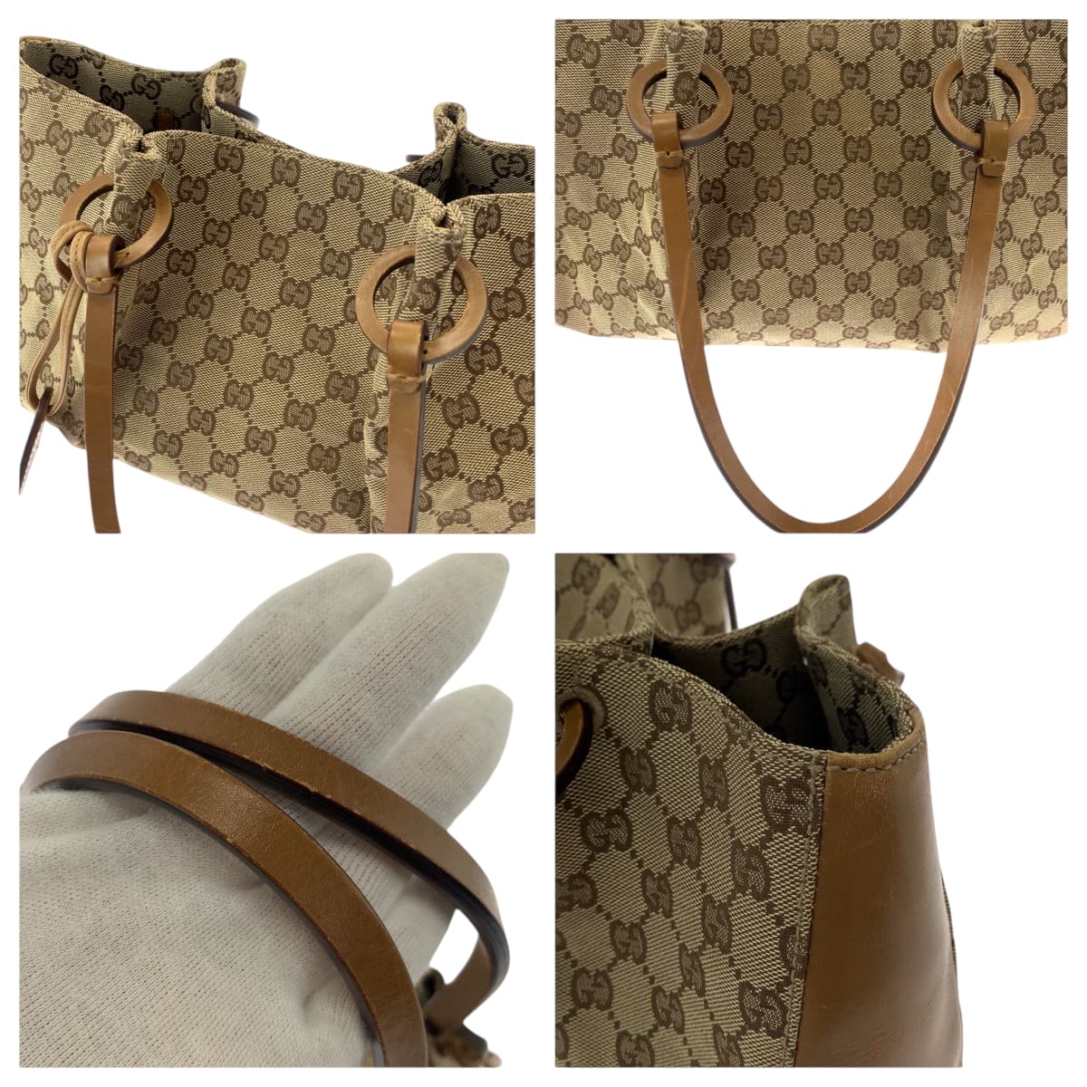 GUCCI Tote Bag 94898 GG canvas Beige Brown Gold Metal Tote Bag handbag Women Used Authentic