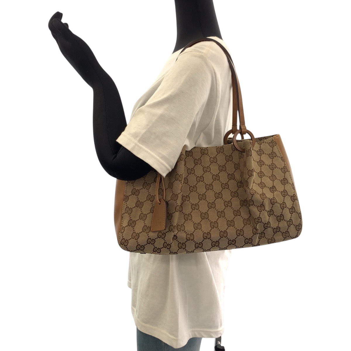 GUCCI Tote Bag 94898 GG canvas Beige Brown Gold Metal Tote Bag handbag Women Used Authentic