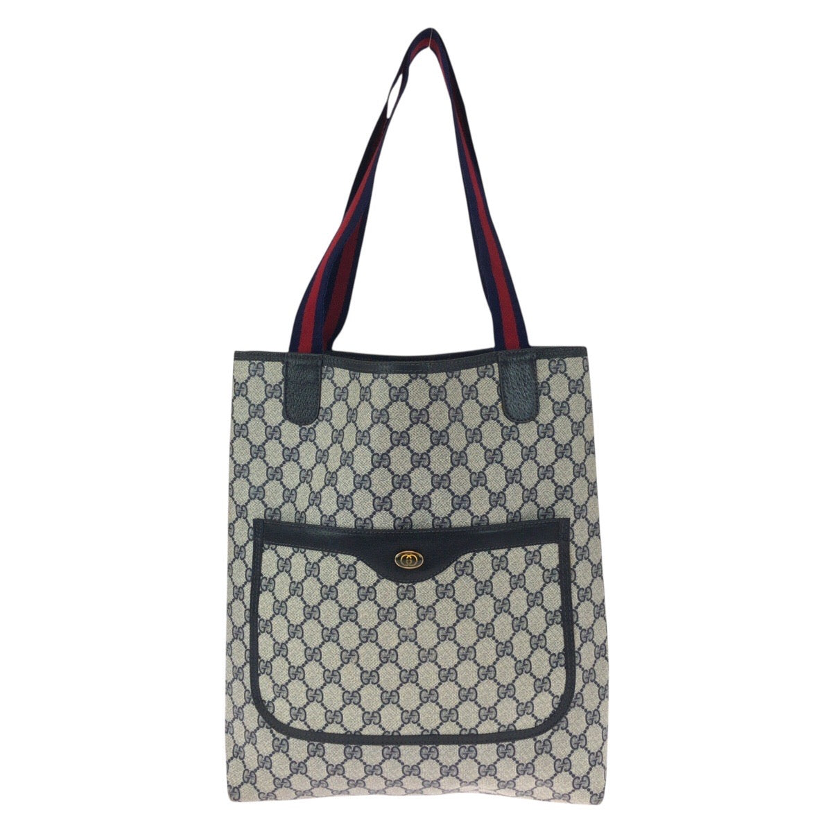 GUCCI Tote Bag 39 002 4487 GG Supreme Canvas Navy Gray Gold Metal Old Gucci Shelly Line