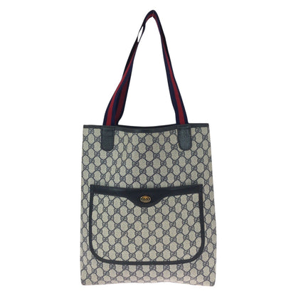 GUCCI Tote Bag 39 002 4487 GG Supreme Canvas Navy Gray Gold Metal Old Gucci Shelly Line
