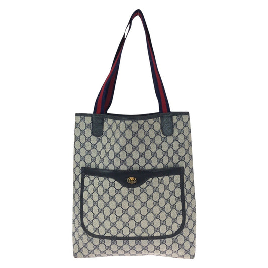 GUCCI Tote Bag 39 002 4487 GG Supreme Canvas Navy Gray Gold Metal Old Gucci Shelly Line