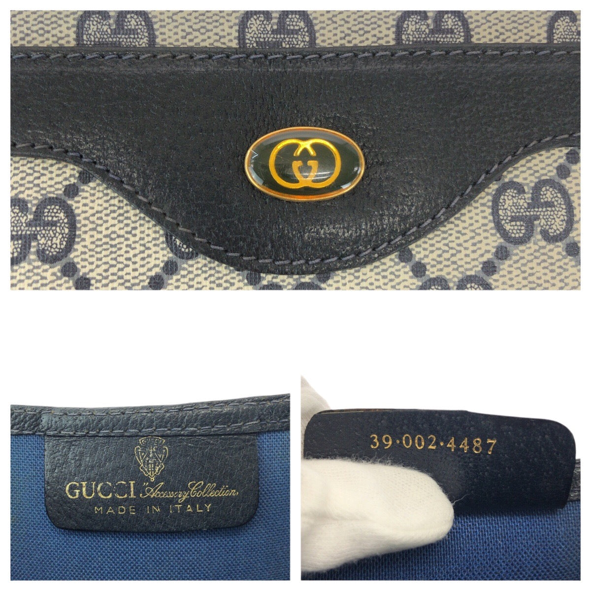 GUCCI Tote Bag 39 002 4487 GG Supreme Canvas Navy Gray Gold Metal Old Gucci Shelly Line