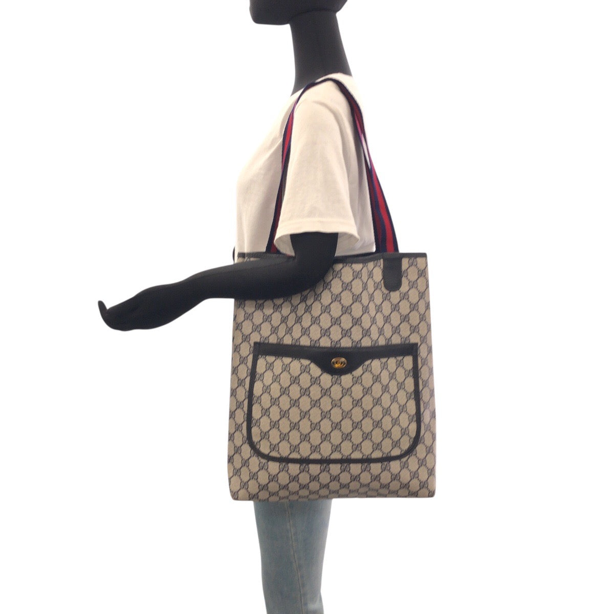 GUCCI Tote Bag 39 002 4487 GG Supreme Canvas Navy Gray Gold Metal Old Gucci Shelly Line