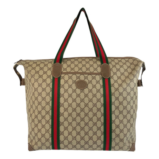 GUCCI Tote Bag 002 39 6 GG Supreme Canvas Beige Brown Gold Metal Old Gucci Shelly Line