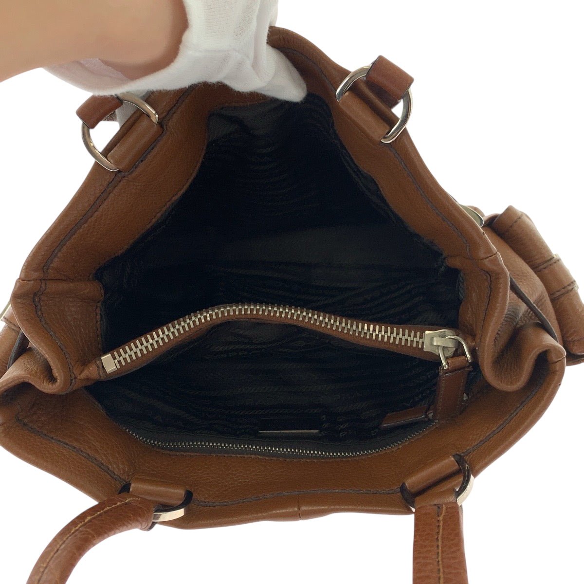 PRADA Tote Bag BR3250 leather Brown Silver Metal Tote Bag Shoulder Bag Vitterodino Triangle With logo Women Used Authentic