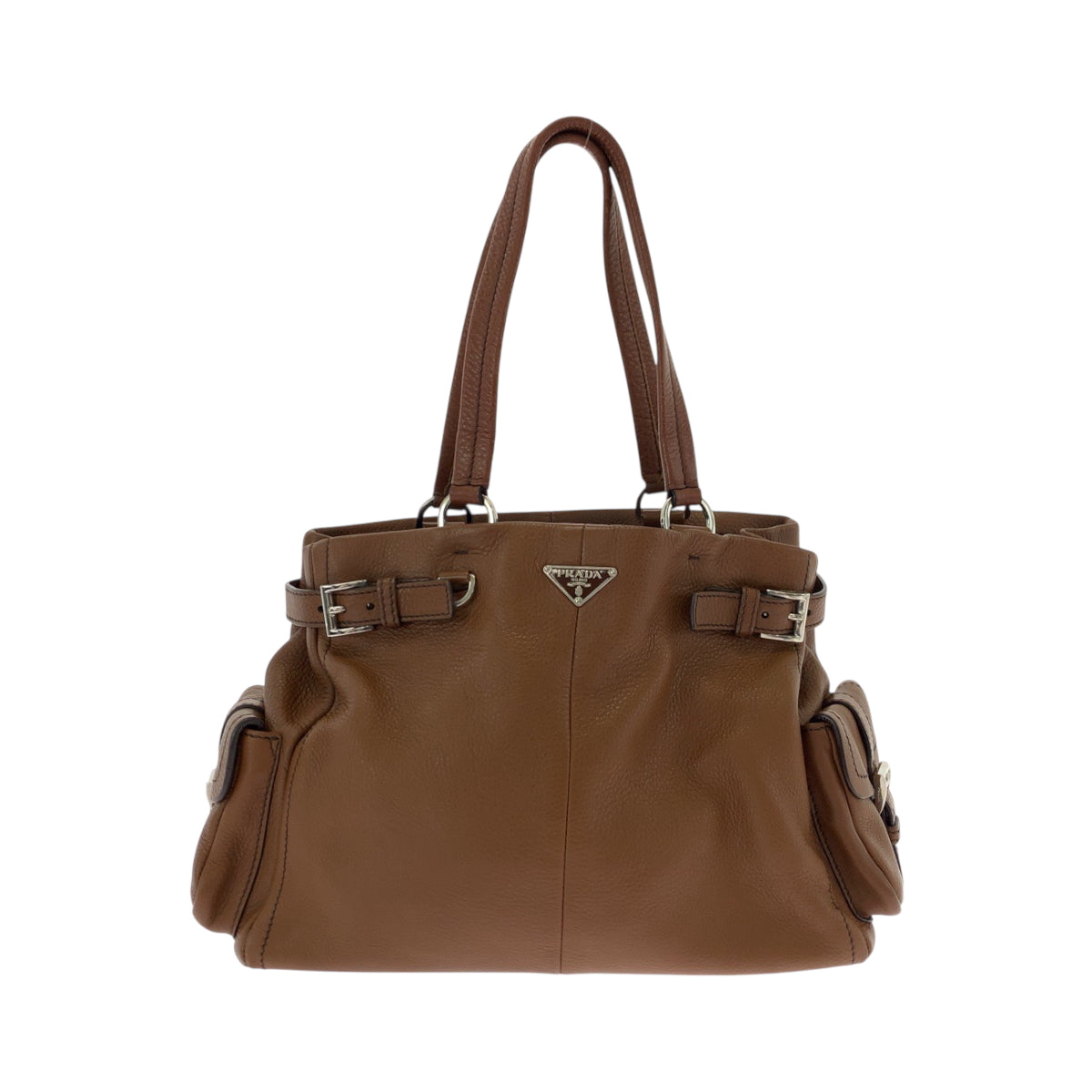 PRADA Tote Bag BR3250 leather Brown Silver Metal Tote Bag Shoulder Bag Vitterodino Triangle With logo Women Used Authentic