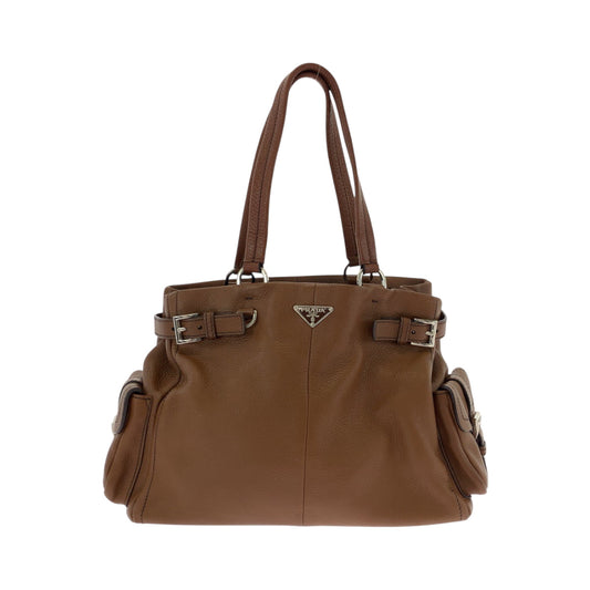 PRADA Tote Bag BR3250 leather Brown Silver Metal Tote Bag Shoulder Bag Vitterodino Triangle With logo Women Used Authentic