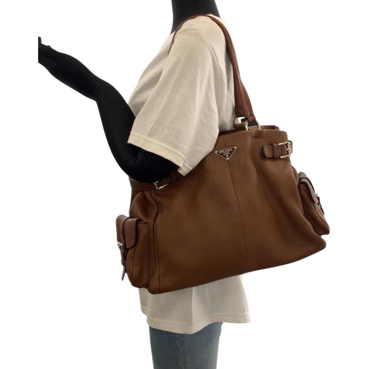 PRADA Tote Bag BR3250 leather Brown Silver Metal Tote Bag Shoulder Bag Vitterodino Triangle With logo Women Used Authentic