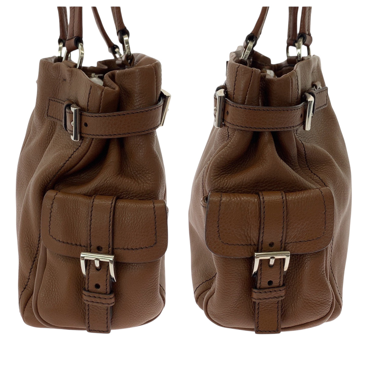 PRADA Tote Bag BR3250 leather Brown Silver Metal Tote Bag Shoulder Bag Vitterodino Triangle With logo Women Used Authentic
